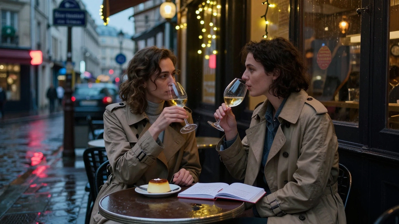 A couple enjoying a thoughtful dinner at a cozy Parisian bistro under string lights during a gentle rain.
