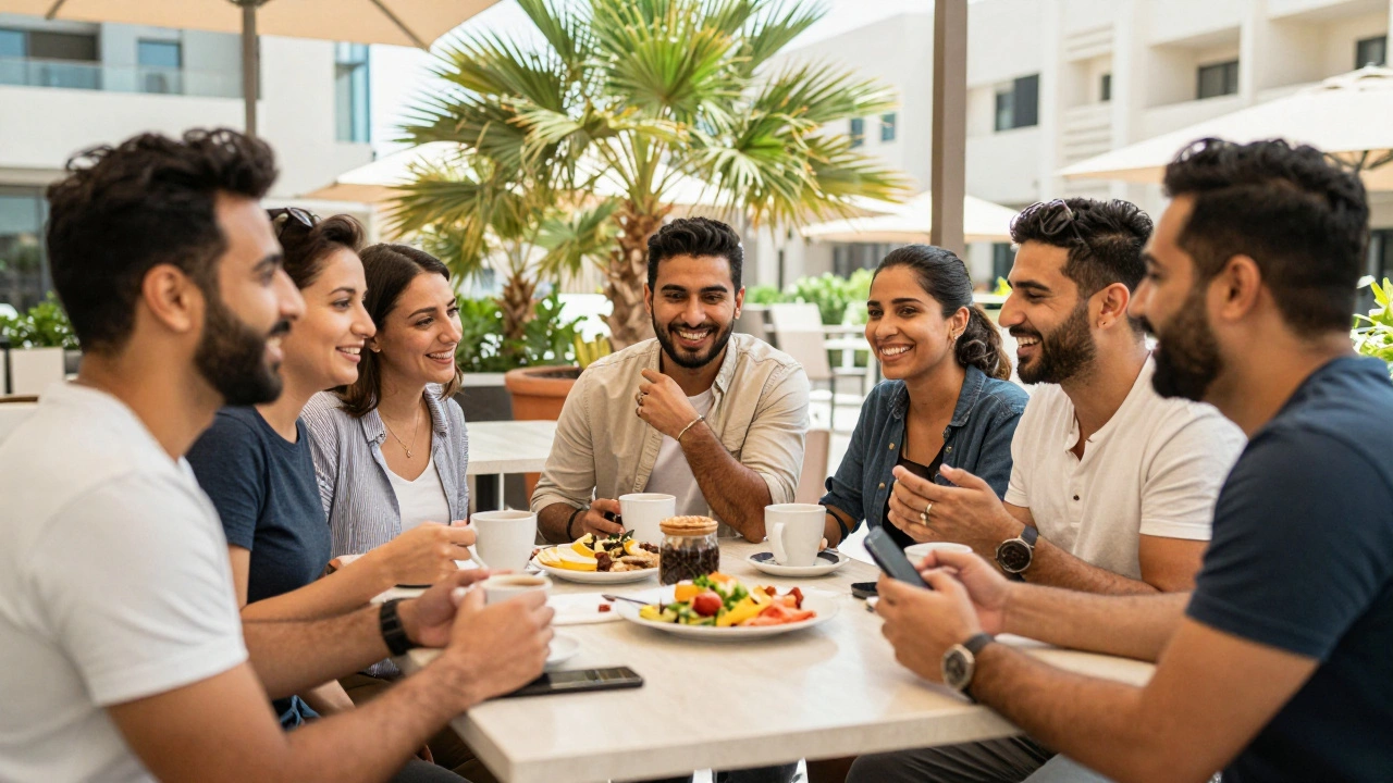Expats enjoy a sunny brunch together in Dubai, laughing and connecting authentically.